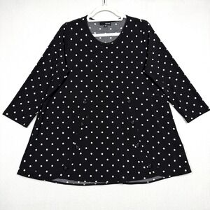 Sun Kim Top Womens Medium Del Ray Polka Dot Tunic Stretch Lagenlook A-Line Black